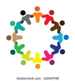 Concept vector graphic- colorful school children icons ( signs ) as ring. The illustration represents concepts like workers, employee diversity, community friendship & sharing, children playing, etc