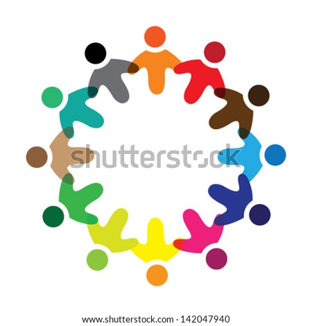 Concept vector graphic- colorful school children icons ( signs ) as ring. The illustration represents concepts like workers, employee diversity, community friendship & sharing, children playing, etc