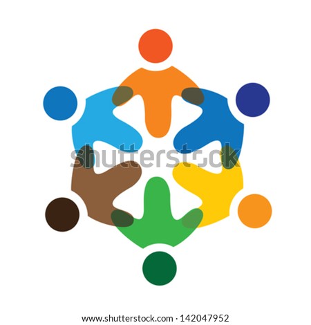 Concept vector graphic- colorful school kids playing icons. The logo template represents concepts like worker unions, employee diversity, community friendship & sharing, children playing, etc