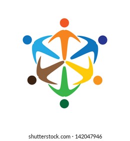 Concept vector graphic- colorful socially connected people icons ( signs ). The illustration represents concepts like workers, employee diversity, community friendship & sharing, children playing, etc