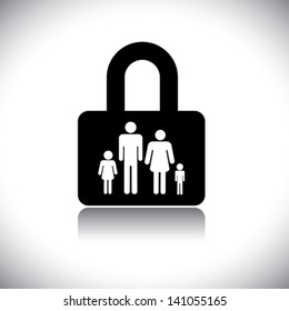 Concept Vector Graphic- Family Protection ( Insurance ) & Lock Symbol. The Graphic Shows Family Of Four ( Father, Mother, Son & Daughter )  In A Lock Icon.