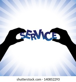 Concept vector graphic- hand silhouette arranging words service. The illustration shows the letters of the word held between two hands and balancing them