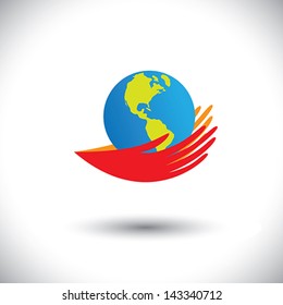 Concept vector graphic- hands protecting world from pollution & destruction. The illustration shows palm silhouette & planet earth icon showing America and blue ocean