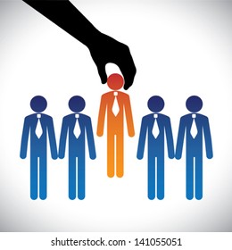 Concept vector graphic- hiring ( selecting ) the best job candidate. The graphic shows company making a choice of person with right skills for the job among many candidates competing for the same post