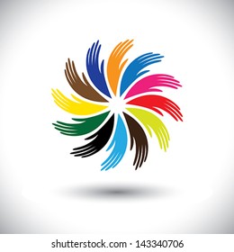 Concept vector graphic- human hand symbols(icons) as floral circle. The illustration also represents concepts like teamwork, cooperation, community sharing, friendship, partnership, unity & solidarity