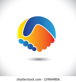 Concept vector graphic icon - business people or friends hand shake. This handshake illustration can also represent new partnership, friendship, unity and trust, greeting & gestures, etc