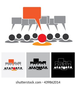 Concept vector graphic - leader & employees talking ( speech bubbles ). This also represents people meeting, teamwork, network, employee conversation & interaction, worker discussions