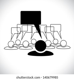 Concept vector graphic- leader & staff talking ( speech bubbles ). This illustration can also represent people chatting, teamwork, employee conversation & interaction, worker discussions, etc