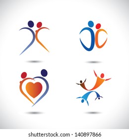 Concept vector graphic- love couple together jumping in joy. The illustration also represents lover pairs passionately dancing, girl and boy doing lustful moves, romantic couple having fun time, etc