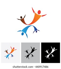 Concept vector graphic- love couple together jumping in joy. This  also represents lover pairs passionately dancing, girl and boy doing lustful moves, romantic couple having fun time