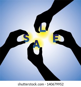 Concept vector graphic- people hands silhouette arranging sale word. This illustration can also team putting together & constructing or building sale word