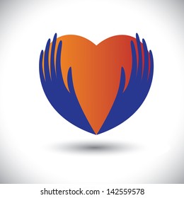 Concept vector graphic- person expressing love with hand & love symbol(icon). The illustration with palm silhouette  also represents concepts like health insurance,keeping heart healthy,etc