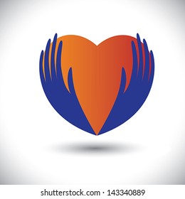 Concept vector graphic- person expressing love with hand & love symbol(icon). The illustration with palm silhouette  also represents concepts like health insurance,keeping heart healthy,etc