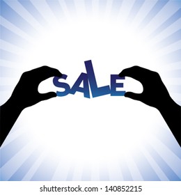 Concept vector graphic- person hand silhouette holding words sale. This illustration can represents a company announcing sales at huge discounts during holidays