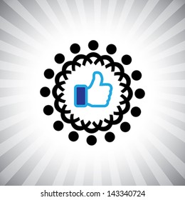 Concept vector graphic- social media like hand icons(Symbol) & people. The illustration shows team of people, friends, relatives etc together as a circle and connecting(networking) using like