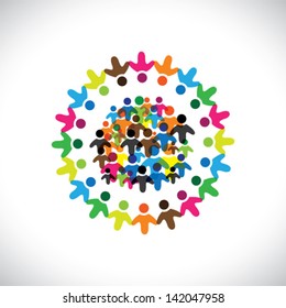 Concept vector graphic- social network of colorful people icons ( signs ). The illustration represents concepts like worker unions, employee diversity, community friendship & sharing, kids playing,etc