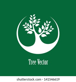 Concept vector graphic- white abstract tree icon ( sign ) green background.