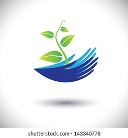 Concept vector graphic- woman's hands with plant or seedling icons ( signs ). The illustration can represent concepts like environmental conservation, protecting plants, forest conservation, etc