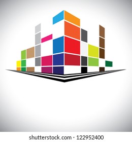 Concept vector icon - Colorful buildings of urban skyline with skyscrapers,tall towers and streets in colors like red,orange,blue & yellow. The logo template shows modern buildings in abstract way.