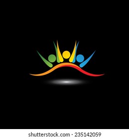 concept vector icon of happy friends together. This vector graphic also represents excited kids, motivated staff, inspired office people, happy children playing, friends partying frenzy