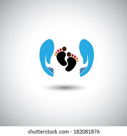 Concept Vector Icon Of Kid & Parent, Child & Mother, Pregnancy. This Graphic Also Represents Kids Protection, Children Safety, Insurance, Pre-natal Care, Newborn Care