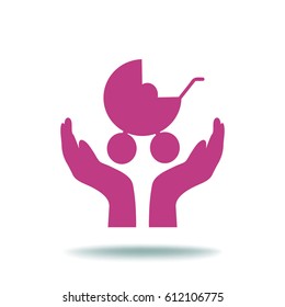 concept vector icon of kid & parent, child & mother. This graphic also represents kids protection, children safety, insurance, pre-natal care, newborn care