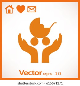 concept vector icon of kid & parent, child & mother. This graphic also represents kids protection, children safety, insurance, pre-natal care, newborn care