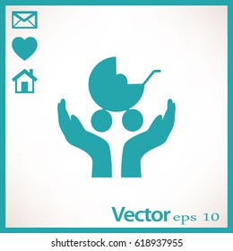 concept vector icon of kid & parent, child & mother. This graphic also represents kids protection, children safety, insurance, pre-natal care, newborn care
