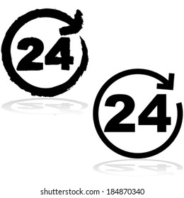 Concept vector icon showing a circle with an arrow going around a number 24, illustrating a round-the-clock, 24-hour service