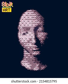 Concept vector illustration from 3d rendering of female face in 8 bit color style design isolated on black background.