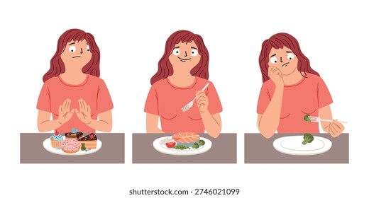 Concept vector illustration about nutrition culture and a healthy lifestyle. A happy woman eating healthy food. A sad woman on a diet with broccoli on a plate. Refusal of unhealthy food
