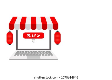 Concept Vector Illustration Art of Electronic Commerce or Online Commerce Shop in Japanese, Chinese or East Asian Style with Copy Space for Your Text.