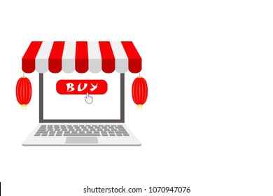 Concept Vector Illustration Art of Electronic Commerce or Online Commerce Shop in Japanese, Chinese or East Asian Style with Copy Space for Your Text.