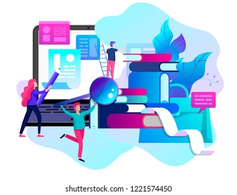 Concept vector illustration of business Blogging, people and education technology. Vector illustration news, copywriting, seminars, tutorial, creative writing, content management for web page, banner