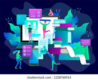 Concept vector illustration of business Blogging, people and education technology. Vector illustration news, copywriting, seminars, tutorial, creative writing, content management for web page, banner