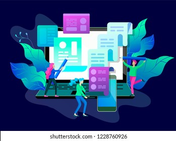 Concept vector illustration of business Blogging, people and education technology. Vector illustration news, copywriting, seminars, tutorial, creative writing, content management for web page, banner