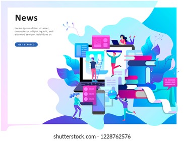 Concept vector illustration of business Blogging, people and education technology. Vector illustration news, copywriting, seminars, tutorial, creative writing. Landing page template