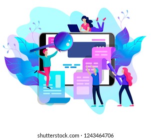 Concept vector illustration of business Blogging, people and education technology. Vector illustration news, copywriting, seminars, tutorial, creative writing, content management for web page, banner