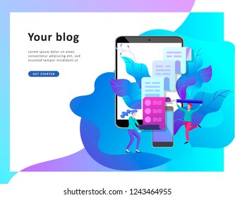 Concept vector illustration of business Blogging, people and education technology. Vector illustration news, copywriting, seminars, tutorial, creative writing. Landing page template