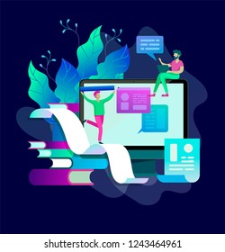 Concept vector illustration of business Blogging, people and education technology. Vector illustration news, copywriting, seminars, tutorial, creative writing, content management for web page, banner