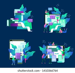 Concept vector illustration of business Blogging, people and education technology. Vector illustration news, copywriting, seminars, tutorial, creative writing. Landing page template