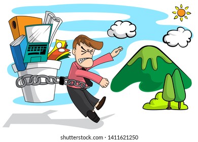concept vector illustration of A business man need a free time to go to travel and vacation in nature but holding by his duty jobs chain