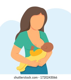 Concept vector illustration in cartoon style. Breastfeeding illustration, mother feeding a baby with breast with nature background. Breastfeeding a baby. A woman feeds a baby. Breast milk.