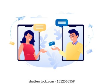 Concept vector illustration of chatting via the Internet using mobile phone, social networking, communication, news, messages, search friends. For web banner, website, flyer, card