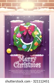 Concept vector illustration: Christmas, New year, Winter holidays. The night on Christmas eve. Presents, family, Santa, winter. A wreath on the door. Excellent stylish graphics. Modern flat style.