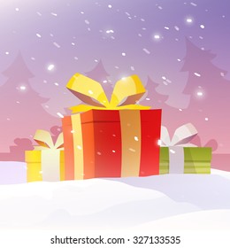 Concept vector illustration: Christmas, New year, Winter holidays. The night on Christmas eve. Presents, family, miracles, Santa, winter. Excellent stylish graphics. Modern flat style.