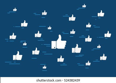 Concept vector illustration of cloud of flying like thumbs up social media symbols. Flat icon design for social networking, webpage banner and blogging on blue background