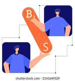 Concept vector illustration for cryptocurrency exchange. Two men give each other crypto currency.