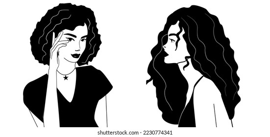 Ilustración vectorial de concepto. Tatuaje oscuro para un diseño increíble. Dos bonitas chicas elegantes de estilo blanco y negro. El concepto de mística, horóscopo, isotérica. Mujeres negras elegantes 