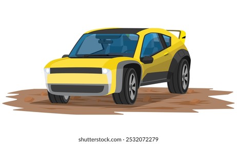 Concept vector illustration of detailed perspective view of yellow rally car. With shadow of car. Can view interior of car. Car parked on rocky ground. No driver inside. Isolated white background.